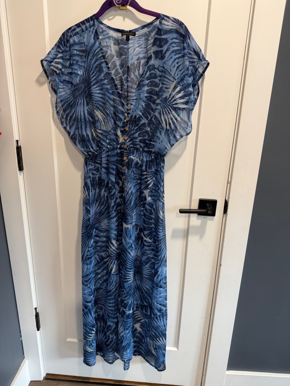Kendall & Kylie Sheer Blue Tropical Print Button-Front Maxi Swimsuit Cover